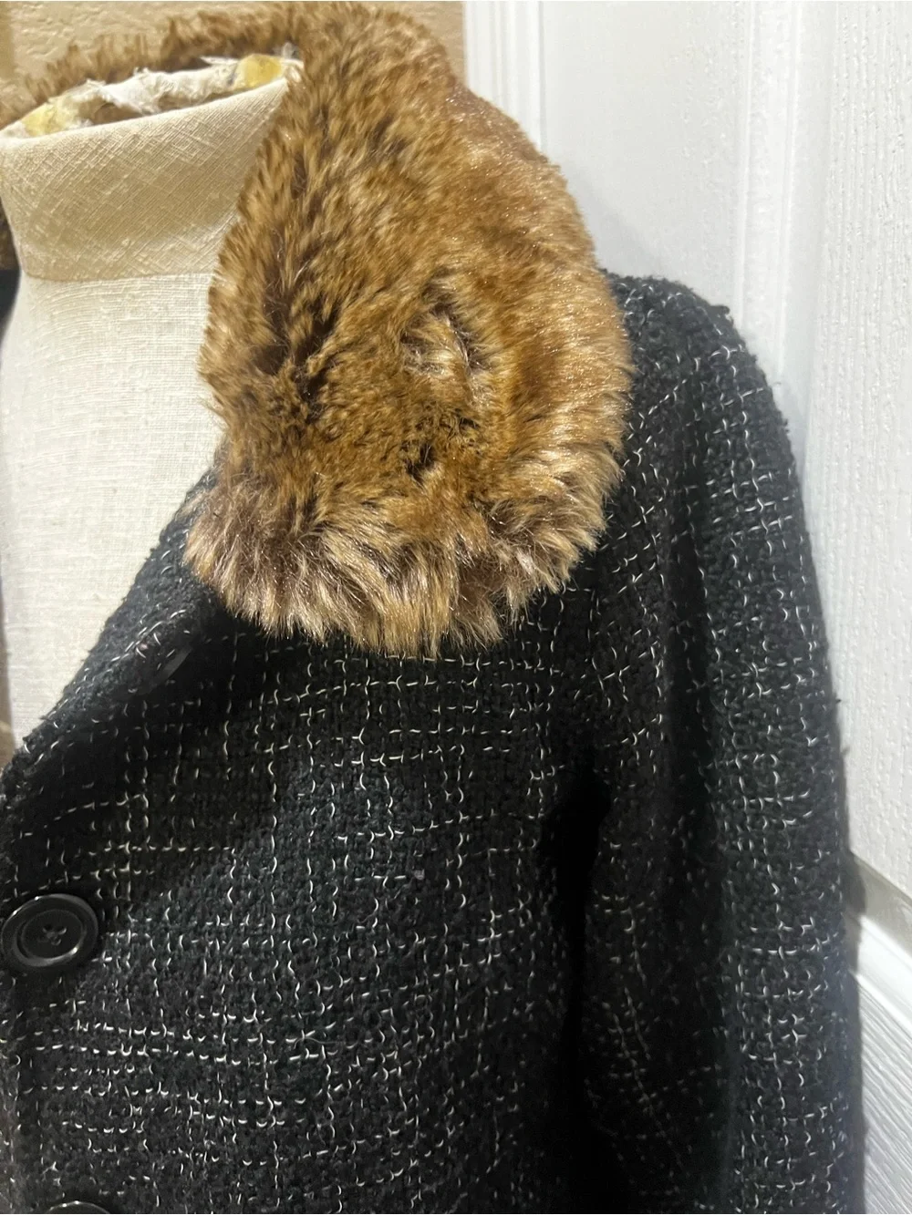 GapKids Girls XL Black White Tweed Coat Faux Fur Collar Winter Jacket